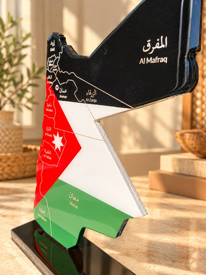 Jordan Map with Flag Colors and Engraved Governorates, Glossy Finish