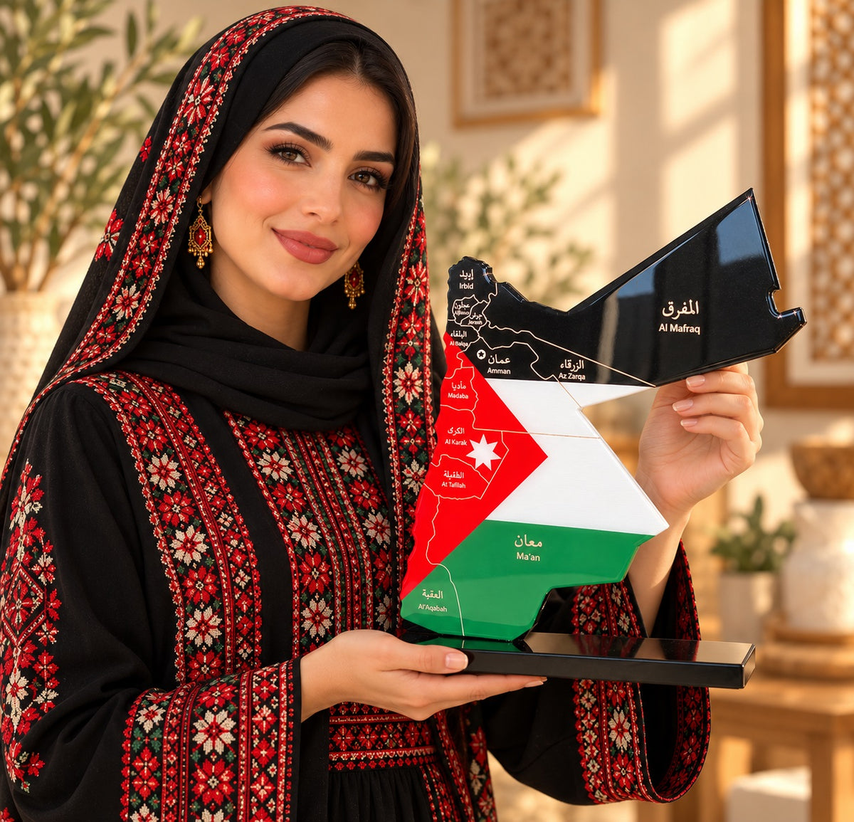 Jordan Map with Flag Colors and Engraved Governorates, Glossy Finish