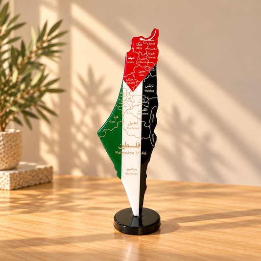 Palestine Map with Flag Colors and Engraved Cities, Glossy Finish