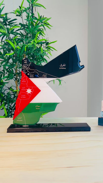 Jordan Map with Flag Colors and Engraved Governorates, Glossy Finish