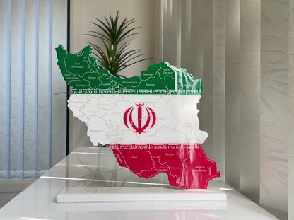 Iran Map with Flag Colors and Engraved Provinces, Glossy Finish