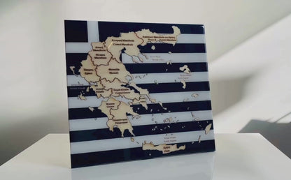 Greece Map, Greek Flag Colours, Engraved Regions - Glossy Resin Finish | Perfect Gift