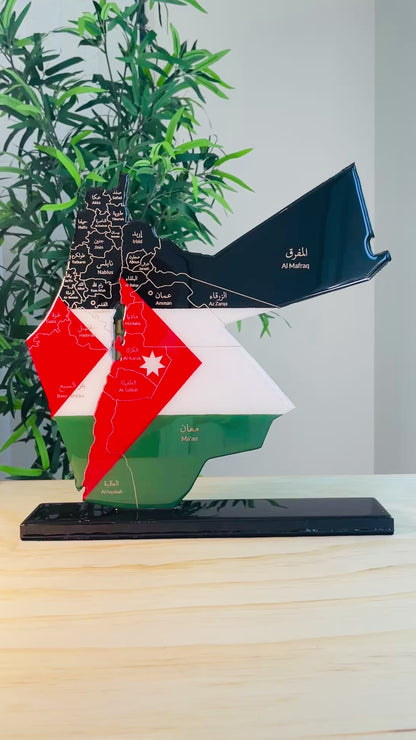 Palestine and Jordan Map with Flag Colors and Engraved Provinces, Glossy Finish