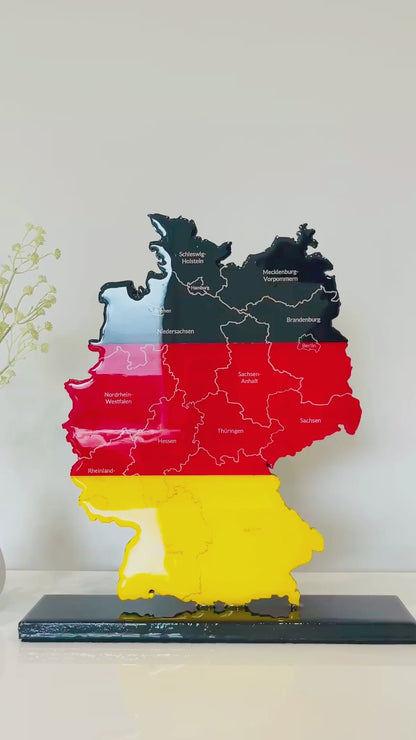 Germany Map, Germany Flag Colours, Engraved States - Glossy Resin Finish | Perfect Gift