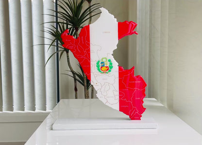 Peru Map with Flag Colors and Engraved Provinces, Glossy Finish