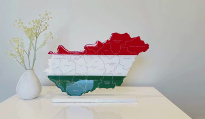 Hungary Map, Hungary Flag Colours, Engraved Hungary Counties - Glossy Resin Finish | Perfect Gift