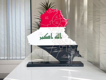 Iraq Map with Flag Colors and Engraved Provinces, Glossy Finish
