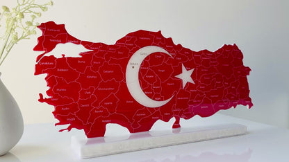Türkiye Map with Flag Colours and Resin Finish on a Stand