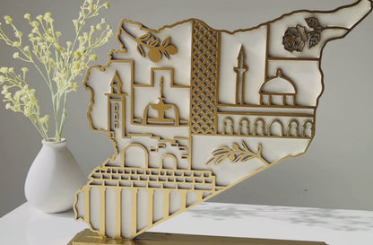 Syria Wooden Map, Heritage Icons - Resin Finish | Perfect Gift