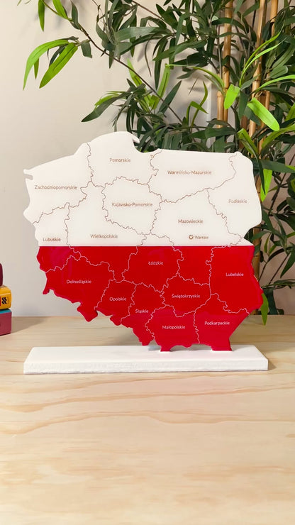 Poland Map with Flag Colors and Engraved Provinces, Glossy Finish