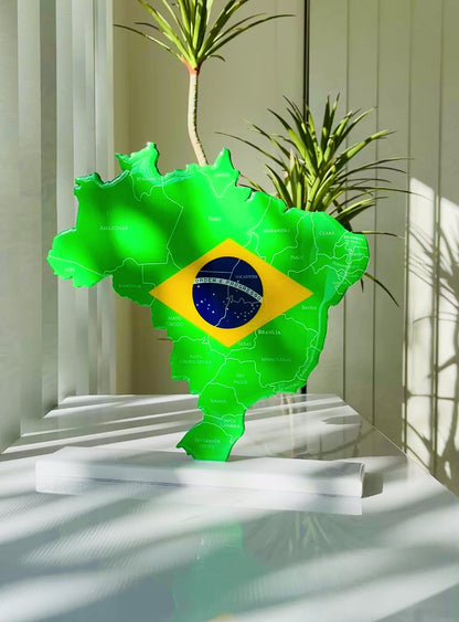 Brazil Map with Flag Colors and Engraved States, Glossy Finish